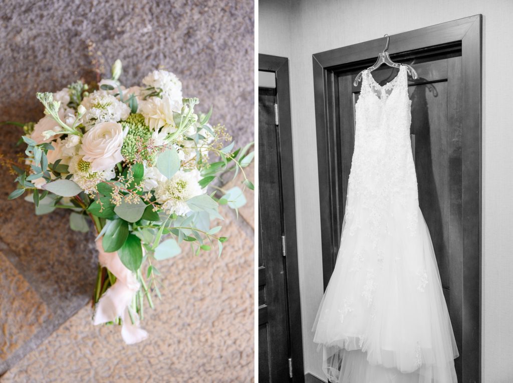 Aiden Laurette Photography | close up photo of wedding flowers and wedding dress