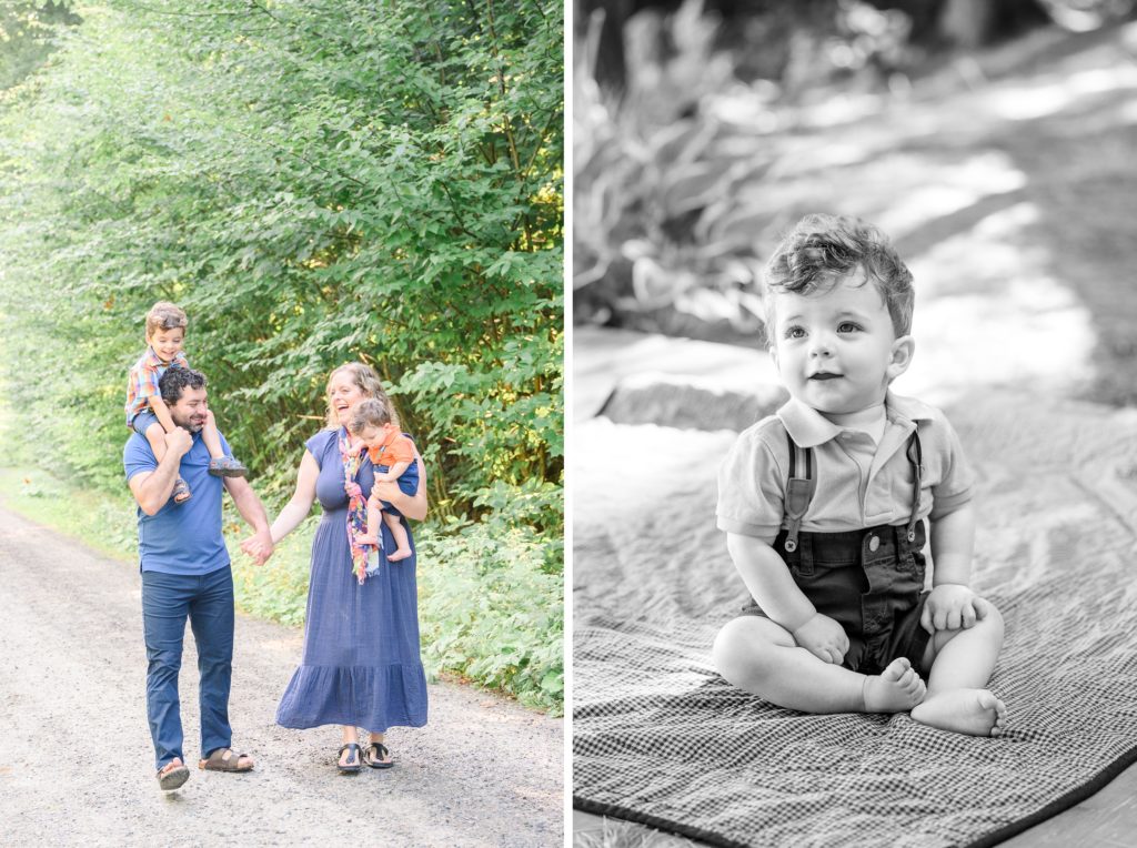 Aiden Laurette Photography | family walks through woods, child sits on dock