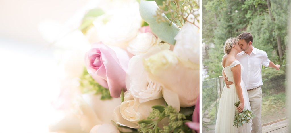 Aiden Laurette Photography | close up photo of bridal bouquet, bride and groom kiss