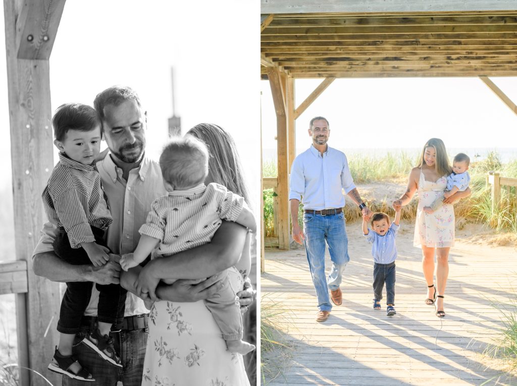 Aiden Laurette Photography | man and woman hold two male children, man and woman walk down boardward with male children