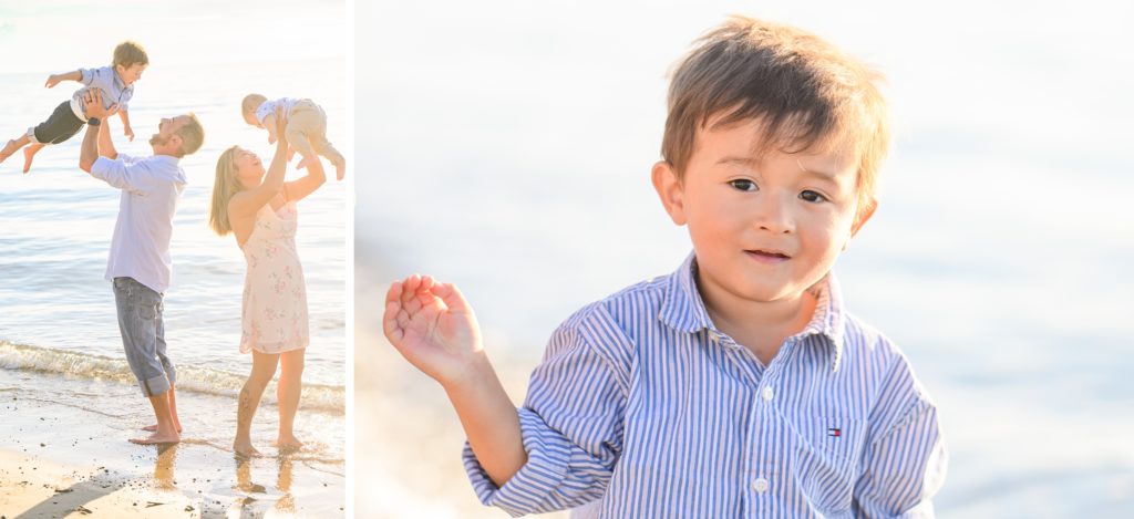 Aiden Laurette Photography | engaged couple stand with toddler and infant on beach, toddler stands in waves