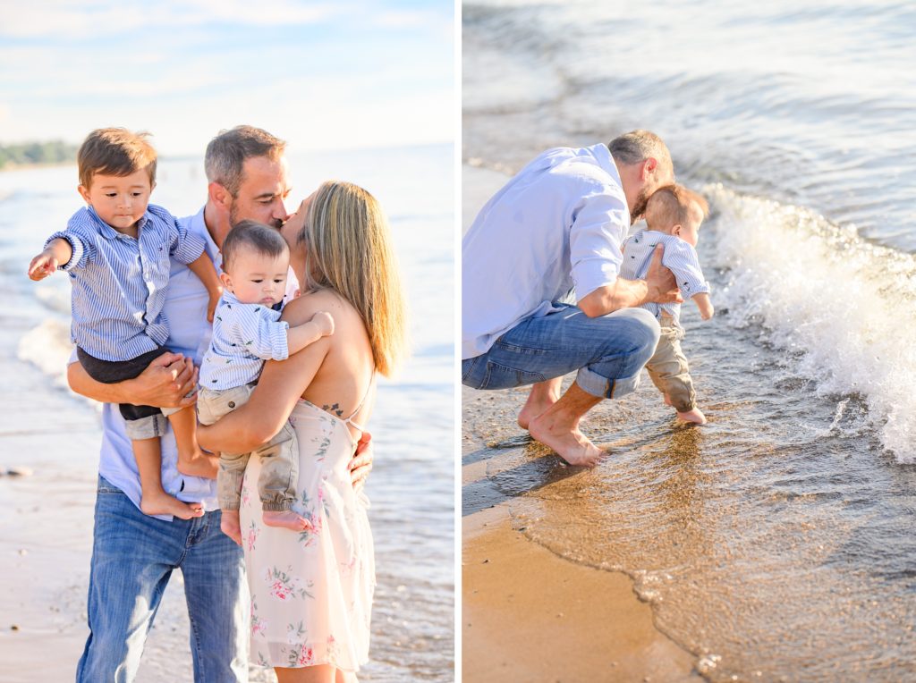 Aiden Laurette Photography | engaged couple stand with toddler and infant on beach, man plays with infant in waves