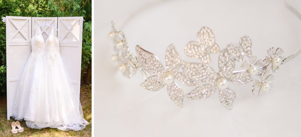 Aiden Laurette Photography | photo of wedding gown hanging on screen, close up photo of hairband