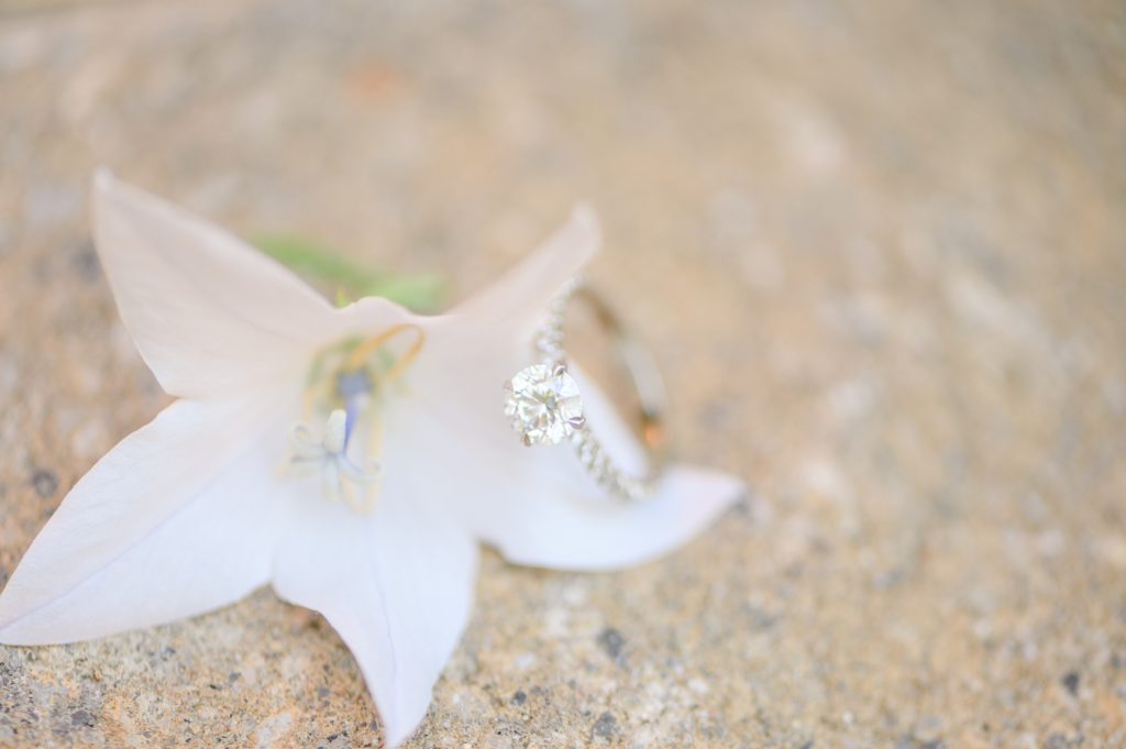 Aiden Laurette Photography | close up photo of diamond engagement ring on lily