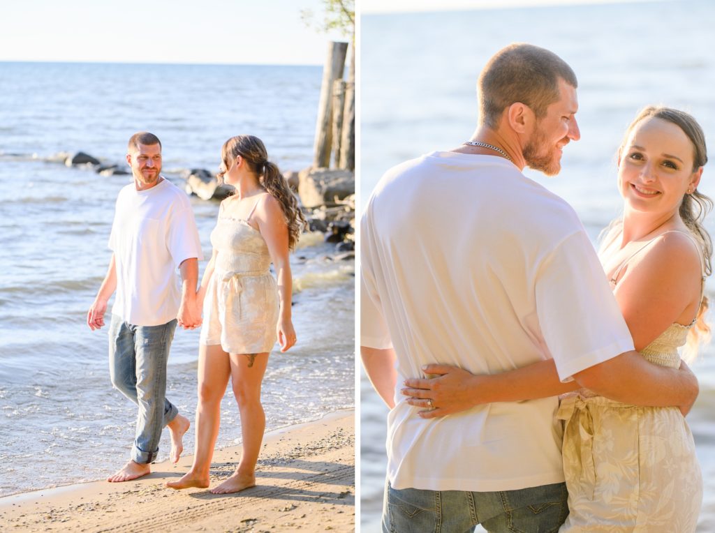 Aiden Laurette Photography | man and woman walk on beach, man and woman embrace on beach