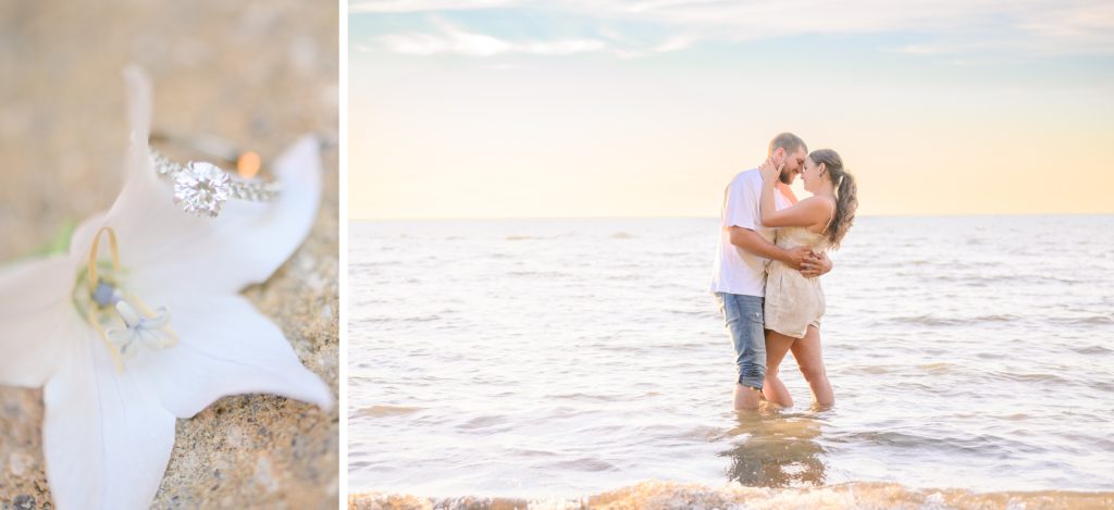 Aiden Laurette Photography | close up photo of diamond engagement ring on lily, man and woman pose in water