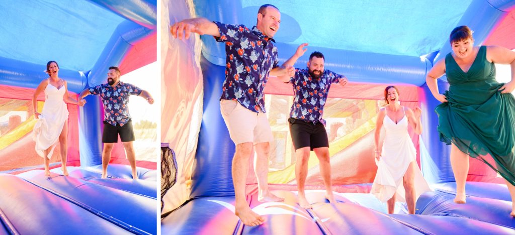 Aiden Laurette Photography | bride and groom bounce in bouncy castle with bridal party