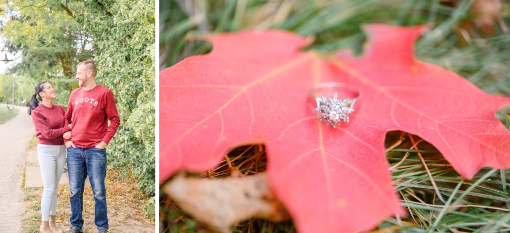 Aiden Laurette Photography | Engagement photography session with Fall background, close up photo of engagement ring