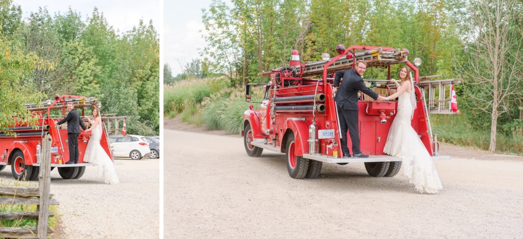 Aiden Laurette Photography | bride and groom pose on antique firetruck