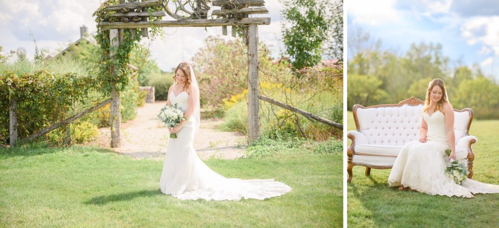 Aiden Laurette Photography | bride poses under arch and on love seat