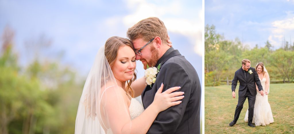Aiden Laurette Photography | bride and groom walk together in field