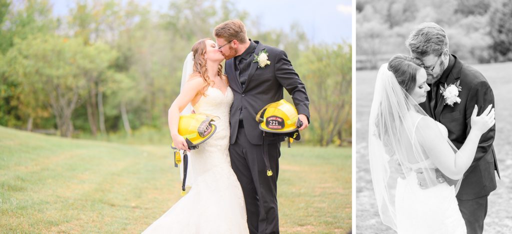 Aiden Laurette Photography | bride and groom kiss holding firefighter helmets in field, bride and groom kiss in field