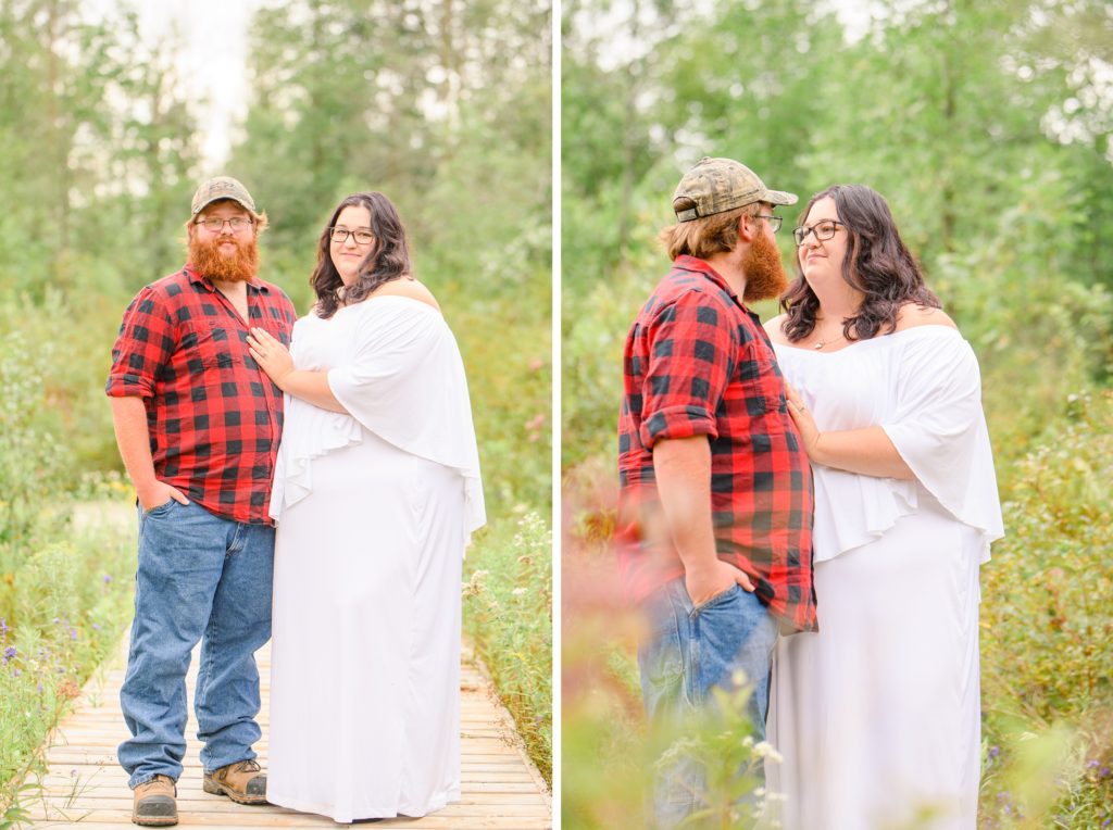 Aiden Laurette Photography | Woman in white dress and man in plaid shirt stand on path
