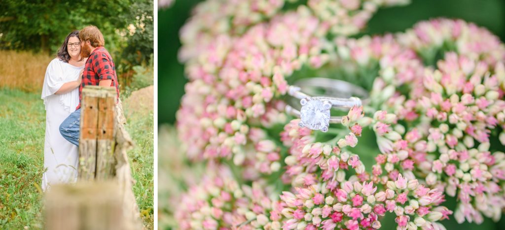 Aiden Laurette Photography | Woman in white dress and man in plaid shirt stand in field, close up photo of wedding ring on flowers