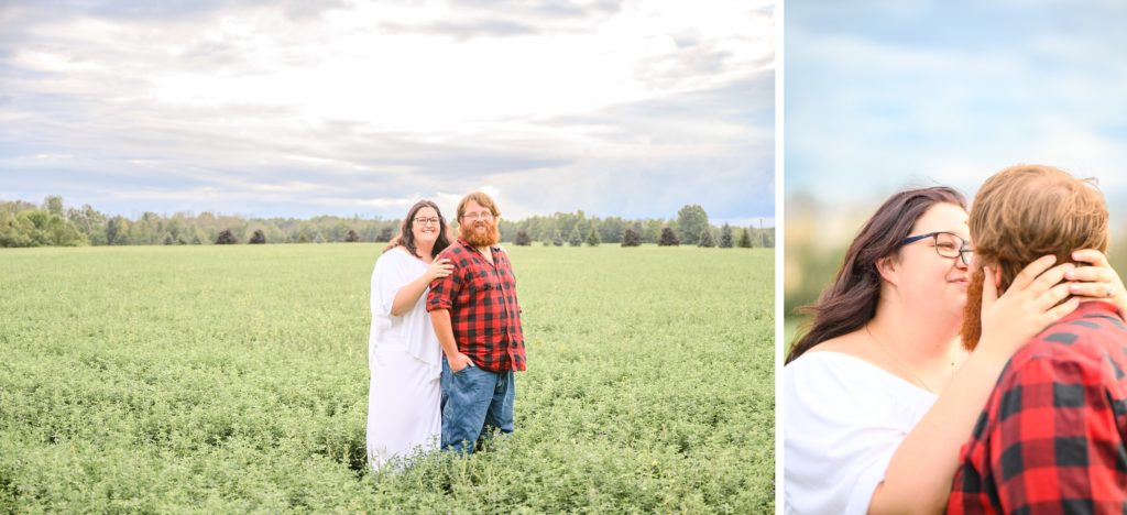 Aiden Laurette Photography | Woman in white dress and man in plaid shirt kembraceiss in field