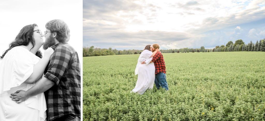 Aiden Laurette Photography | Woman in white dress and man in plaid shirt kiss in field