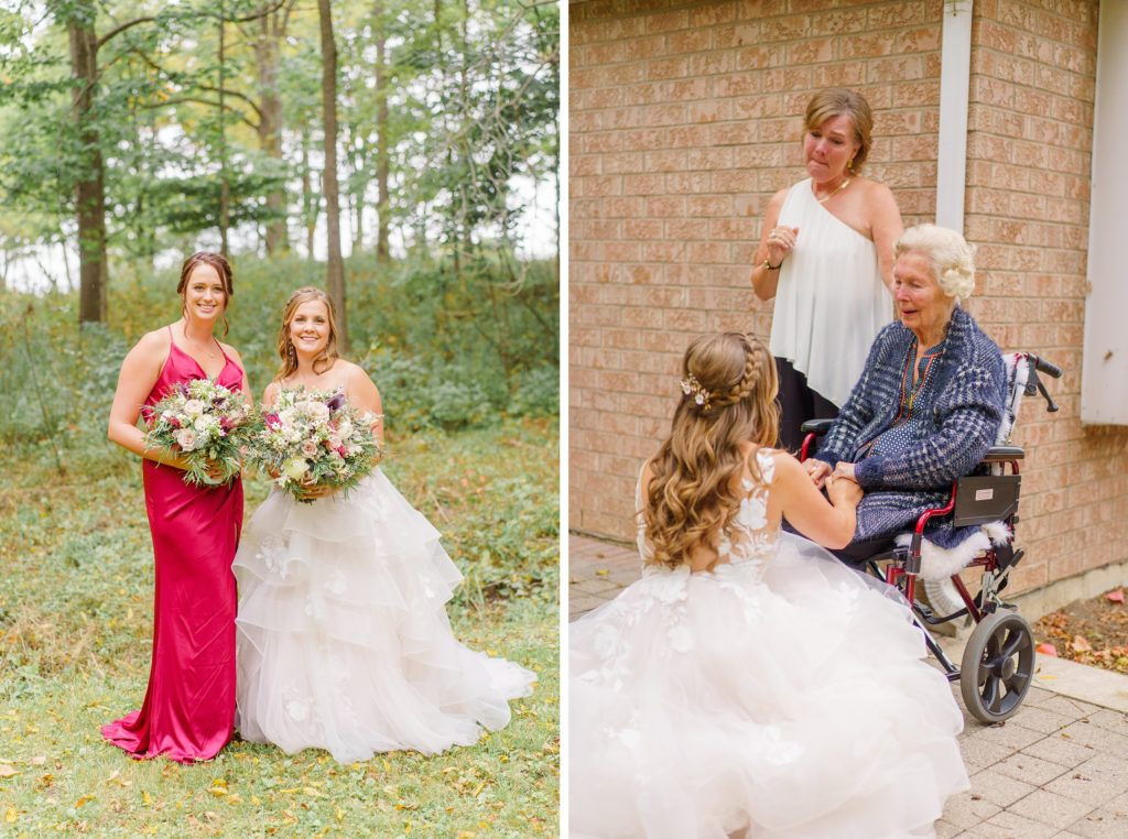 Aiden Laurette Photography | bride poses with maid of honour, bride stands with woman in wheelchair and woman in white