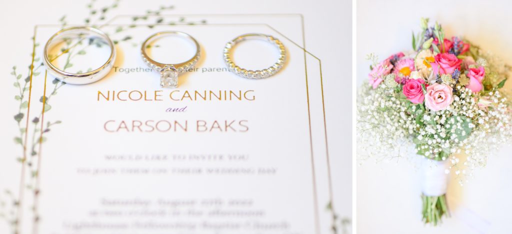 Aiden Laurette Photography | photo of rings, invitation and flower bouquet