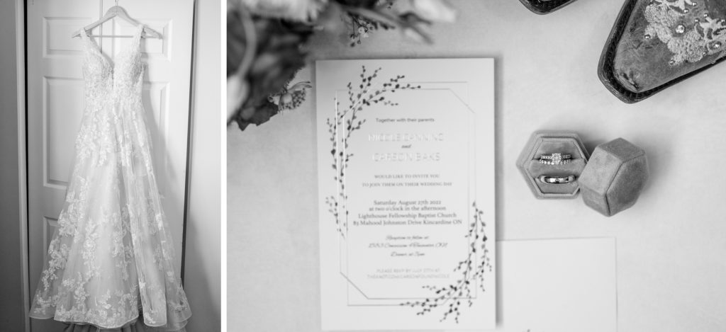 Aiden Laurette Photography | photo of wedding dress, wedding rings, wedding invitation and wedding flower bouquet