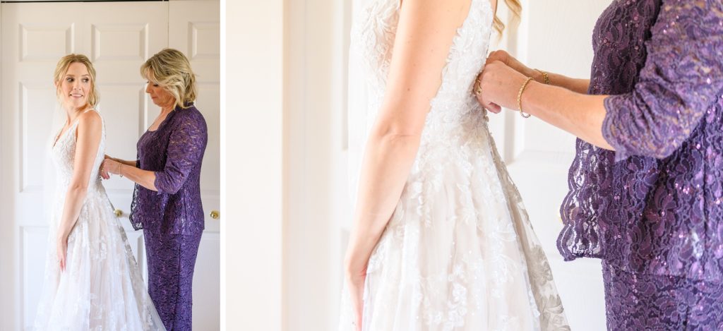 Aiden Laurette Photography | woman in purple dress zips up brides gown