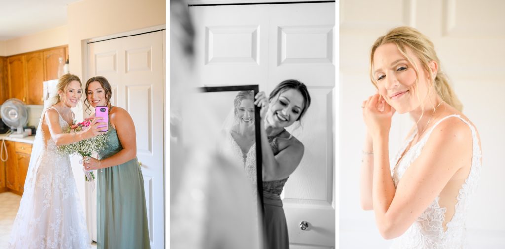 Aiden Laurette Photography | bride takes selfie with bridesmaid, bride looks in mirror, bride puts earring on