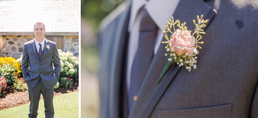 Aiden Laurette Photography | groom stands in front of stone building, close up photo of boutineer 