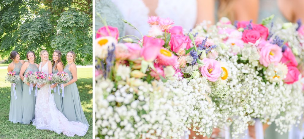 Aiden Laurette Photography | bride poses with bridesmaids under tree, close up photo of wedding bouquets 