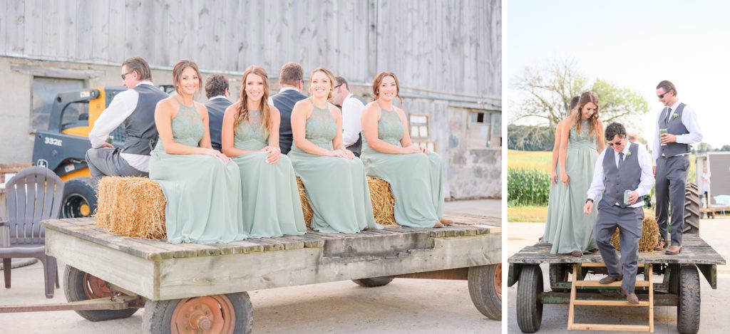 Aiden Laurette Photography | wedding party on wagon pulled by tractor