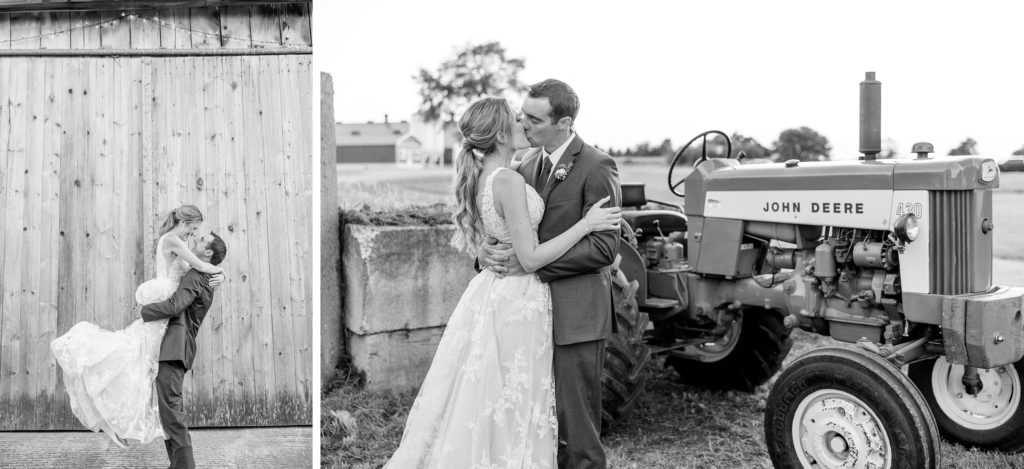 aiden laurette photography | Bride and groom pose in front of barn, kiss in front of tractor