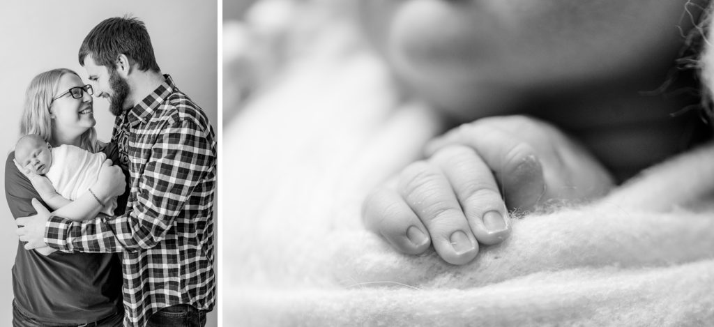 Aiden Laurette Photography | parents holding newborn baby; close up black and white photo of baby hand