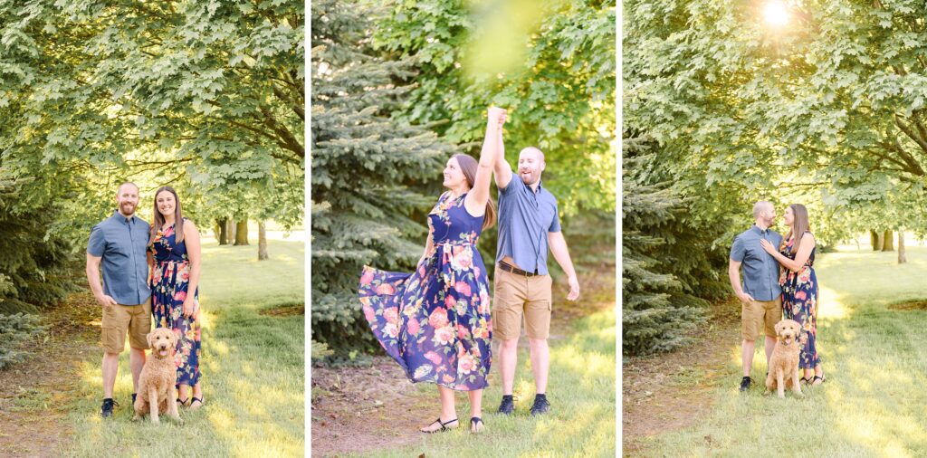 Aiden Laurette Photography | couple dances in forest with dog